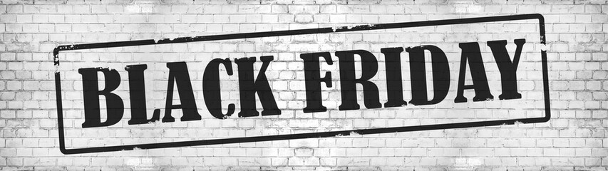 Fototapeta na wymiar Black Friday shopping discount background banner panorama template - black grunge stamp on white brick wall texture
