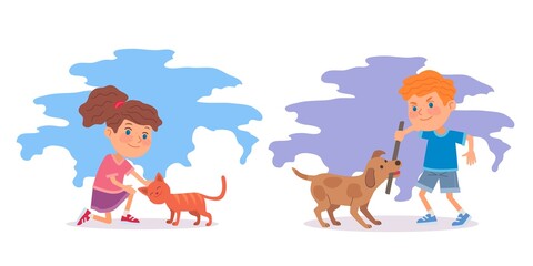 Good child versus bad kid with pets set. Angry boy playing with dog with stick, cute little girl sitting on ground and patting cat. Manners and behavior vector illustration
