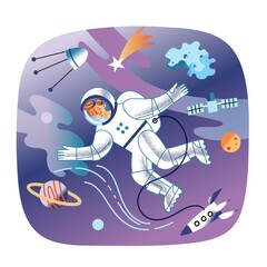 Astronaut floating in space outside spaceship. Happy man in spacesuit looking at night sky with planets, comets, satellites. Moon and planet travel explration vector illustration