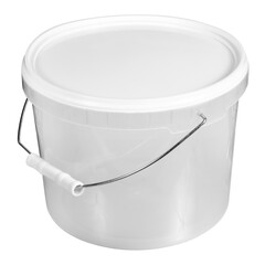 Empty food packaging bucket transparent plastic closed lid isolated on white background