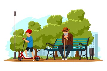 Kid riding scooter and man sitting on bench in public city park illustration. Healthy lifestyle vector. Urban recreation in nature scene. Young and old male characters outdoor scene