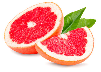 sliced grapefruit with green leaves isolated on white background. full depth of field. clipping path