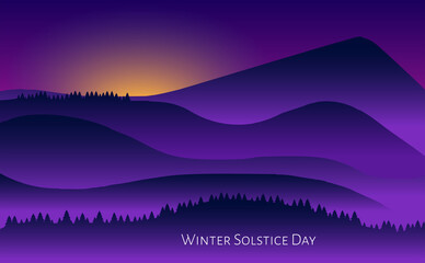 Winter solstice day in December the 21. Greeting card design template. The dark sky with sunset or sunrise. The longest night in the year. - 395581974