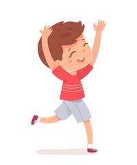 Happy kid running with arms up. Cute boy having fun and smiling on white background. Entertainment and amusement leisure vector illustration. Summer holidays in childhood with joy