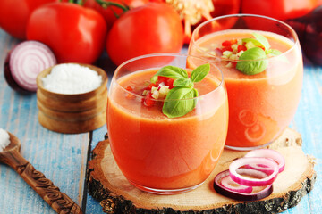 Cold Spanish soup Gazpacho served in glasses