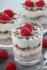 Granola with yogurt trifles with raspberry