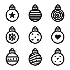 Set of decorated holiday balls, ball on white background, collection. Decoration ornametns for end year holidays. Happy New Year, Xmas, Merry Christmas, tree decors on white background EPS Vector