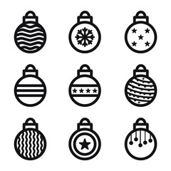 Set of decorated holiday balls, ball on white background, collection. Decoration ornametns for end year holidays. Happy New Year, Xmas, Merry Christmas, tree decors on white background EPS Vector