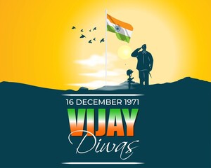 Vector illustration of Vijay Diwas (VICTORY DAY)banner, 16 december 1971, India flag, soldier with rifle and helmet, flying birds, banner template for websites.