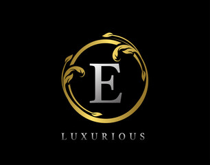 Luxury Circle Letter E Floral Design. Vintage Gold E Swirl Logo Icon.