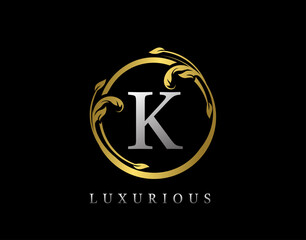 Luxury Circle Letter K Floral Design. Vintage Gold K Swirl Logo Icon.