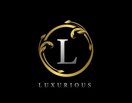 Luxury Circle Letter L Floral Design. Vintage Gold L Swirl Logo Icon.