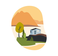 House with mountains and water