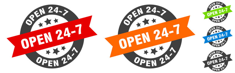 open 24 7 stamp. open 24 7 round ribbon sticker. tag