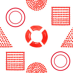Seamless pattern illustration with red lifebuoy, square,triangle and circle isolated on white background - 395586138