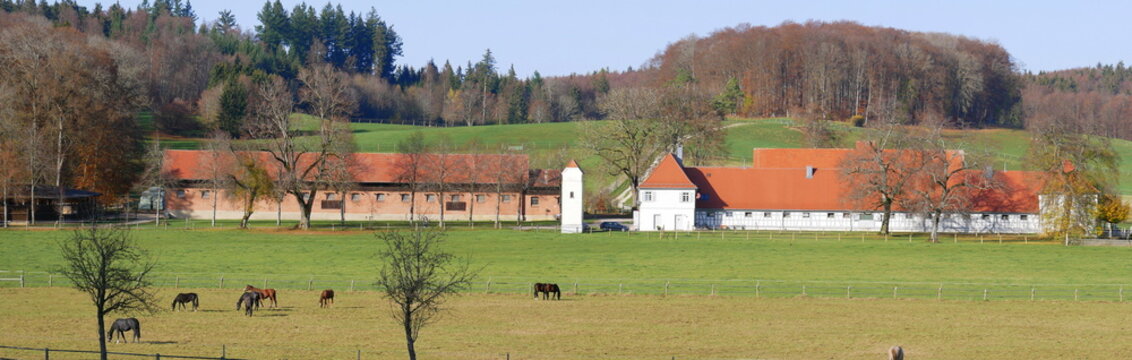 Panoramaaufnahme des Fohlenhofs in St. Johann des Haupt- und Landgest&uuml;ts Marbach