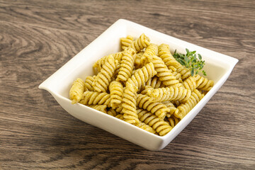 Italian pasta Fusilli with pesto