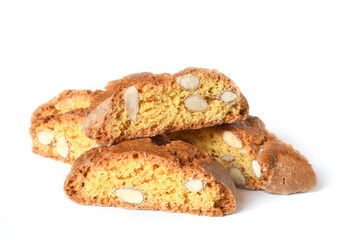 Close up on the cantucci or cantuccini on white background. Cantuccini are typical Tuscan dry biscuits, made with flour, eggs, yeast and almonds. Italy. - obrazy, fototapety, plakaty