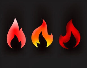 Burning flames on dark background. Vector collection