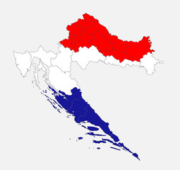 Map of the Croatia in the colors of the flag with administrative divisions blank