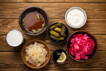 Fermented foods and drinks: kimchi, pickles, sauerkraut, miso soup, kombucha, yogurt, kefir