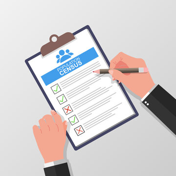Census form with pencil vector illustration. Hand holding and fill check list on paper sheet clipboard vector illustration.