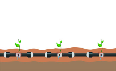 Underground or in ground drip irrigation system. Water irrigation. Automatic sprinklers system. Vector illustration flat design. Smart farming application concept. Saving water and time