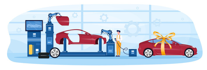 Final stage of car production industry. Vehicle part on the machinery line with robotic hands. Flat cartoon vector illustration.