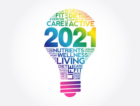 2021 Health Goals Bulb Word Cloud, Health Concept Background