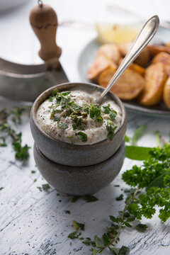 Vegan cashew and herb dip with mini roasted potatoes