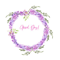 Watercolor illustration. A wreath of twigs of blooming wisteria. Watercolor floral wreath