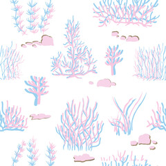 blue, pink corals on a white background. Vector seamless pattern with tropical reef.