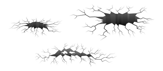  Set of ground or walls crack effect, earth cracking. Monochrome  isolated vector illustration.Black hole in ground. Earthquake, destruction concept.