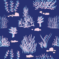 blue, pink corals on a blue background. Vector seamless pattern with tropical reef.