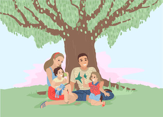 Obraz na płótnie Canvas Happy family in the nature. Vector cartoon illustration