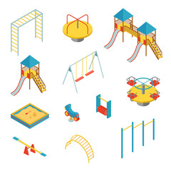 Set of isometric elements for kid playground on white background, vector illustration