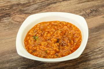Traditional Georgian Kharcho soup with meat