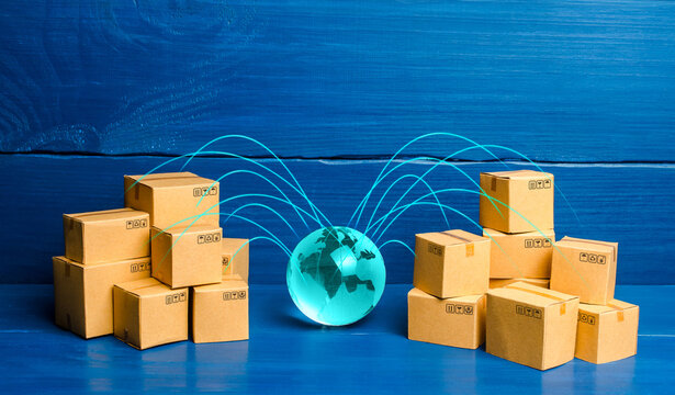 Boxes connected with the planet. Concept of delivering goods and products around the world. International transportation of goods. Business globalization Shipping freight. Distribution