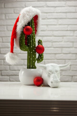 artificial cactus with a Santa Claus hat Christmas toys and a bull figurine symbol of the new year...