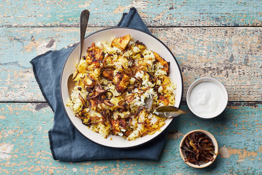 Indian rice dish hyderabadi biryani with chicken and basmati rice