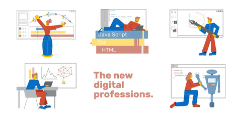 Set of the new digital it professions. Coding, animation, design, web, big data, robotics courses in school. Concept of young people learn new professions. Vector flat illustrations isolated on white.