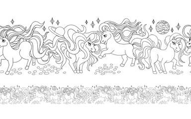 Fototapeta na wymiar Unicorns. Endless seamless pattern, contour drawing. Coloring book for children, decoration for fabric. Vector cartoon design.