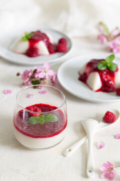 Vegan panna cotta with raspberry mousse