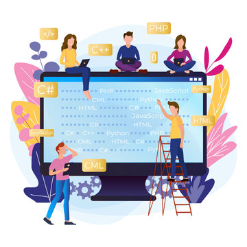 Group of programmers is working. Men and women code a project on a large monitor with program code. Trendy concept in flat style.