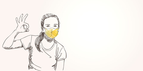 Sketch of teenage girl portrait in yellow protective face mask showing Ok gesture, Coronavirus quarantine new normal. Vector hand drawn illustration, Banner template