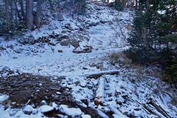 White Pine Lake Trail mountain landscape scenic towards White Baldy and Pfeifferhorn hiking trail in Little Cottonwood Canyon, Wasatch Rocky mountain Range, Utah, United States.