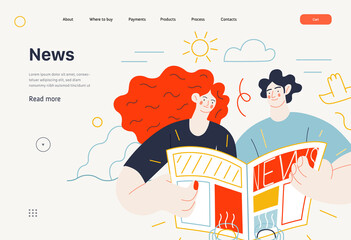 Business topics - news, web template, header. Flat style modern outlined vector concept illustration. A couple, man and woman reading a newspaper together. Business metaphor.