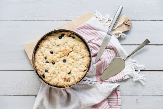 Blueberry crumble cake in baking pan