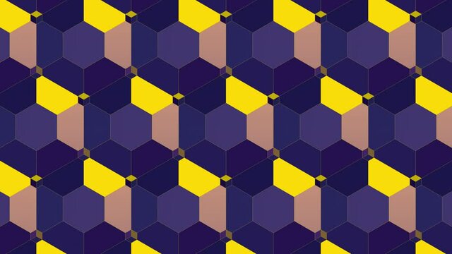 Seamless purple-pink-yellow geometric shapes with small cubes.