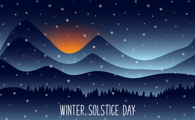 Winter solstice day in December the 21. Greeting card design template. The dark sky with sunset or sunrise. The longest night in the year. - 395596530